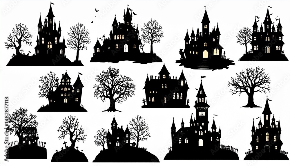 Fototapeta premium Set of Silhouette Halloween Castle, Haunted houses or spooky village with trees. 