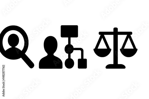 Diverse icons representing various aspects of law, justice, and legal processes in a minimalist design
