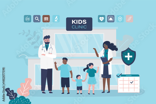 Pediatrician doctor and nurse examine small multi ethnic patients. Medical staff and children standing before hospital building. Kids clinic, healthcare concept,
