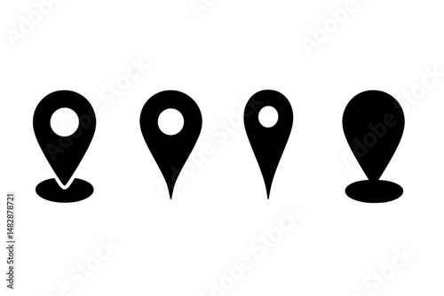 Collection of black map pin icons representing various locations and navigation concepts