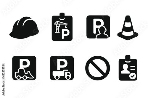 Construction and parking symbols showcasing regulations and equipment at a building site