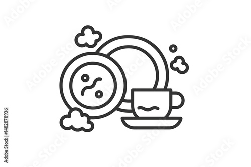 Creative illustration of a cup and plate with whimsical steam clouds in a cozy kitchen setting during morning hours