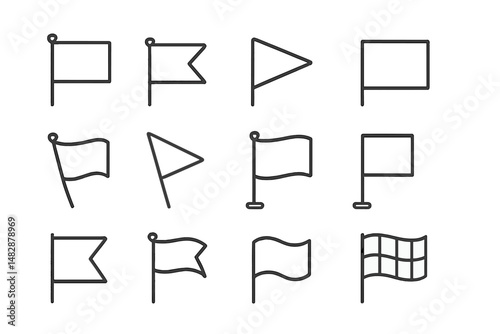 Various flag designs displayed in a grid format showcasing different shapes and sizes on a plain background
