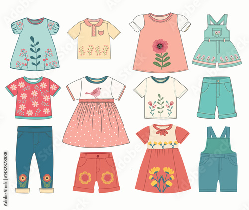 Set of kids casual clothes for summertime.
