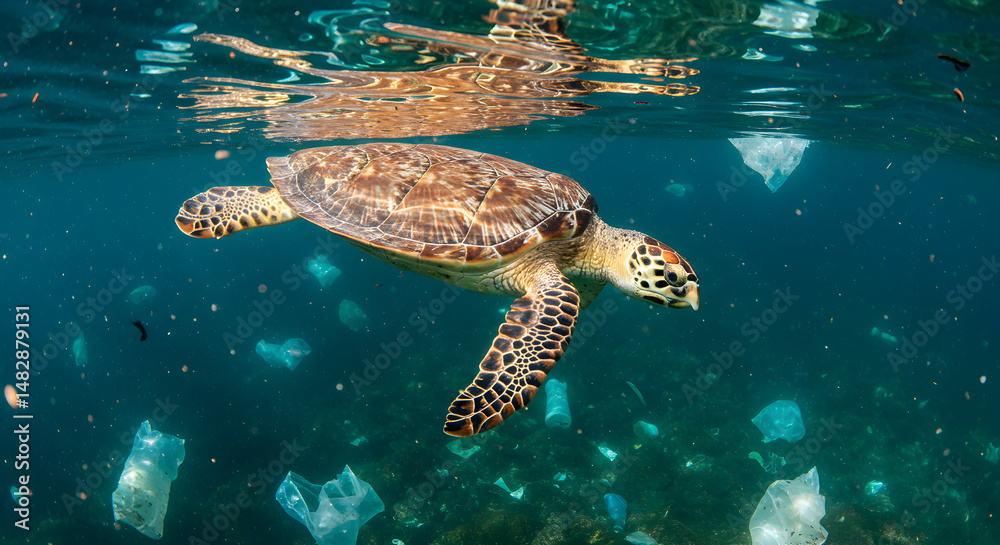 Fototapeta premium Green Sea Turtle Swimming Underwater Amidst Plastic Waste in Ocean Clear Waters with Sun Reflections and Environmental Pollution