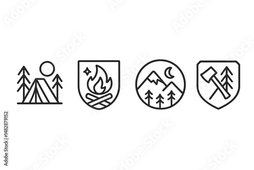 Iconic symbols representing camping, fire making, mountain scenery, and outdoor adventure in a minimalistic design