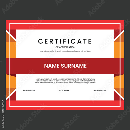 Certificate Tamplate Of Appreciation Design Vector Simple Red Yellow
