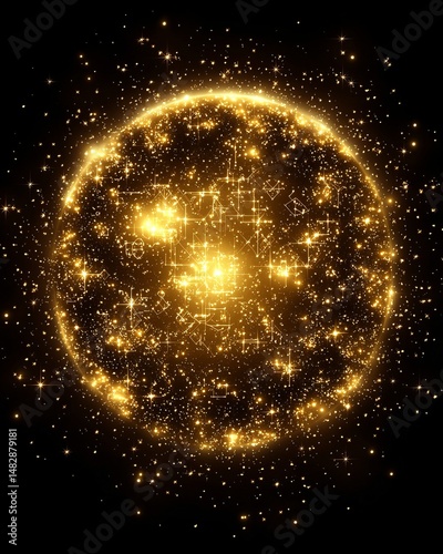 Space galaxy hidden. A glowing golden sphere made of sparkling stars, cosmic dust, and geometric symbols against a dark background.