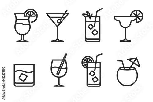 Different types of cocktails and beverages served in various glasses at a vibrant bar setting during a festive evening
