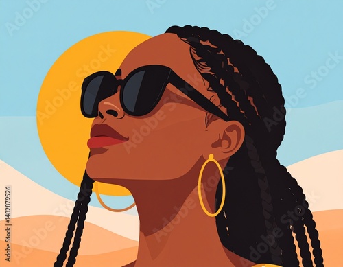 Abstract art of a joyful Black woman with braided hair, wearing black sunglasses and looking up at the sky with a happy expression.