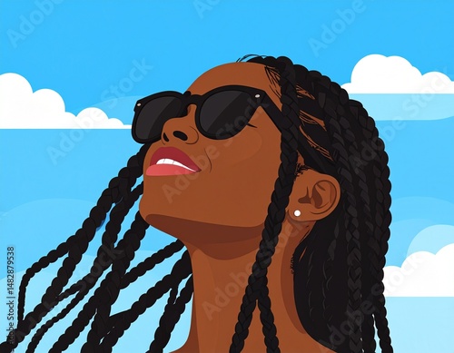 Abstract art of a joyful Black woman with braided hair, wearing black sunglasses and looking up at the sky with a happy expression.