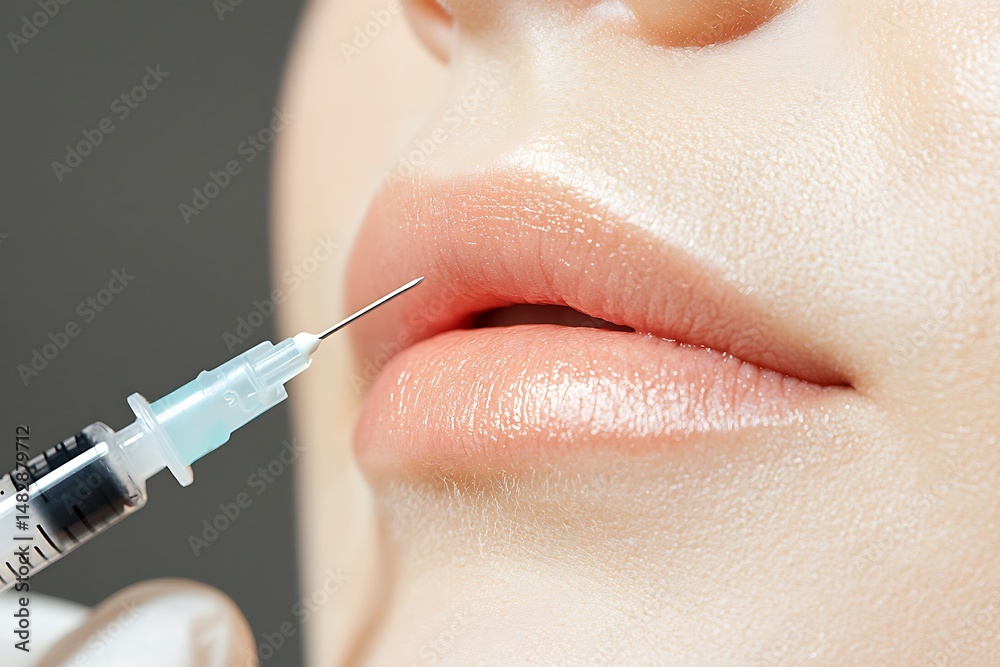 Obraz premium Close-up injection near woman's lips