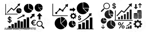 Graphic representation of business analytics with charts, graphs, and symbols in black and white