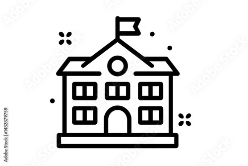 Building with flag and windows in a simple line art style representing education in a vibrant environment