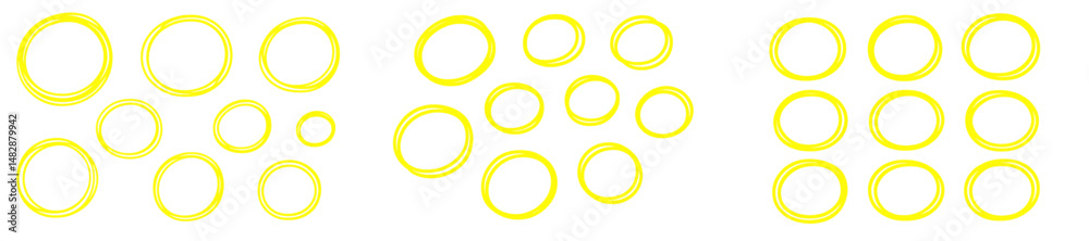 Bright yellow circles arranged in a playful pattern on a white background showcasing creativity and design Bright yellow circles arranged in a playful pattern on a white background showcasing creativity and design