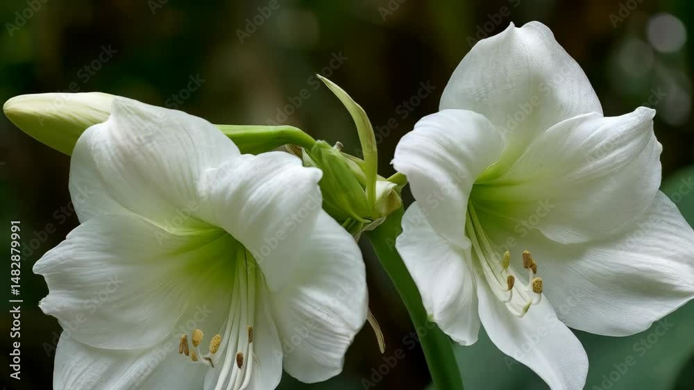 Elegant white amaryllis flowers blooming with soft green hues in a serene garden setting showcasing delicate floral details