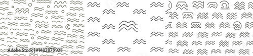 Patterns of abstract waves displayed in a neat arrangement on a white background showcasing fluidity and movement