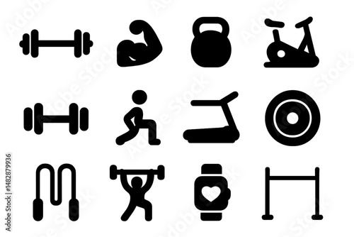 Fitness and exercise icons with silhouettes illustrating various workout activities in a grid layout