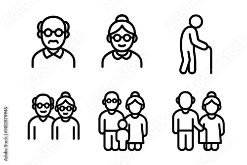 Illustrations of elderly people engaged in various activities, showcasing different stages of life and relationships