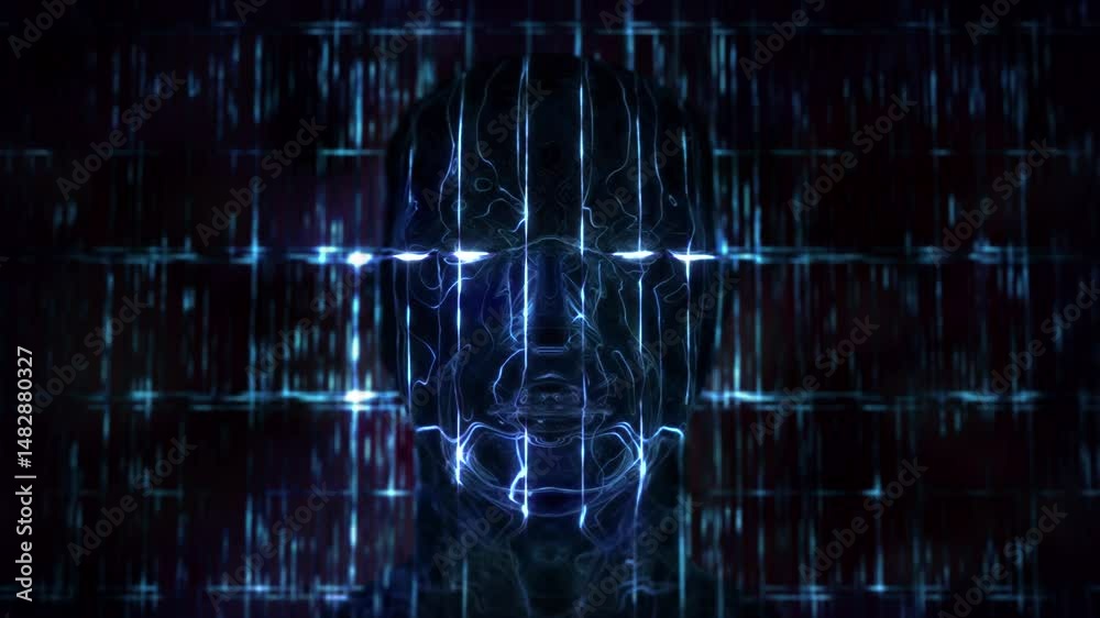 Digital visage emerges from neon grid