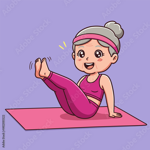 A cheerful senior woman with gray hair in a bun and a pink headband practices a seated yoga pose on a pink mat.