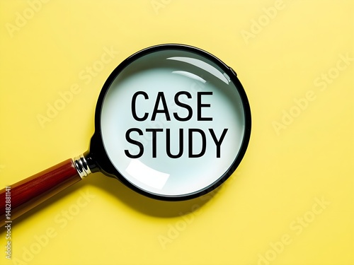 A close-up photograph of a magnifying glass on a bright yellow background, with the words _CASE STUDY_ written in bold, black letters in the center of the magnifying glass.