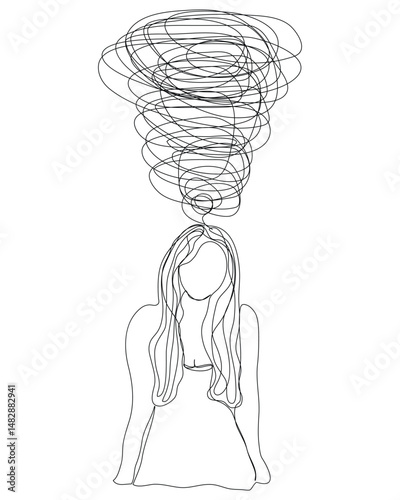 Sketch problem concept minimal woman emotion stress headache drawing line art.Female unhappy depress hand drawn continuous line concept with white ioslated background.Abstract,vector,illustration.