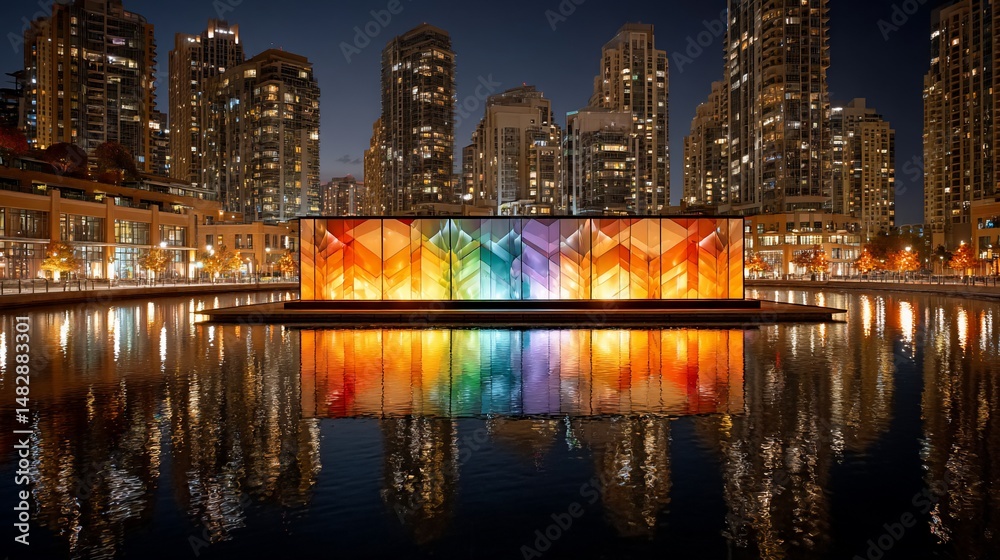 Obraz premium Illuminated Art installation on water with city backdrop