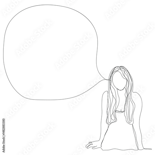 Sketch minimal concept woman say think chat box drawing line art. Female think idea comment hand drawn continuous line concept white ioslated background.Abstract,vector,illustration.