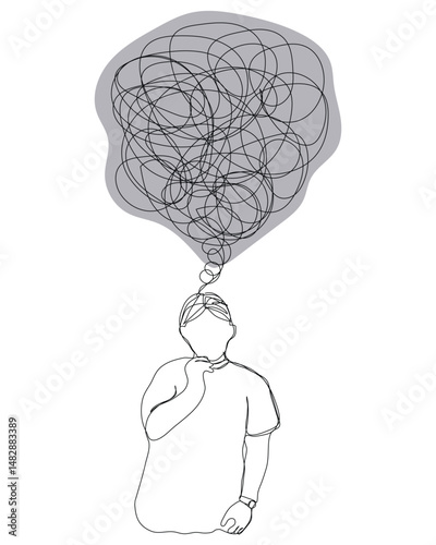 Sketch problem concept minimal man emotion stress headache drawing line art. Male unhappy depress hand drawn continuous line concept with white isolated background. Abstract,vector,illustration.