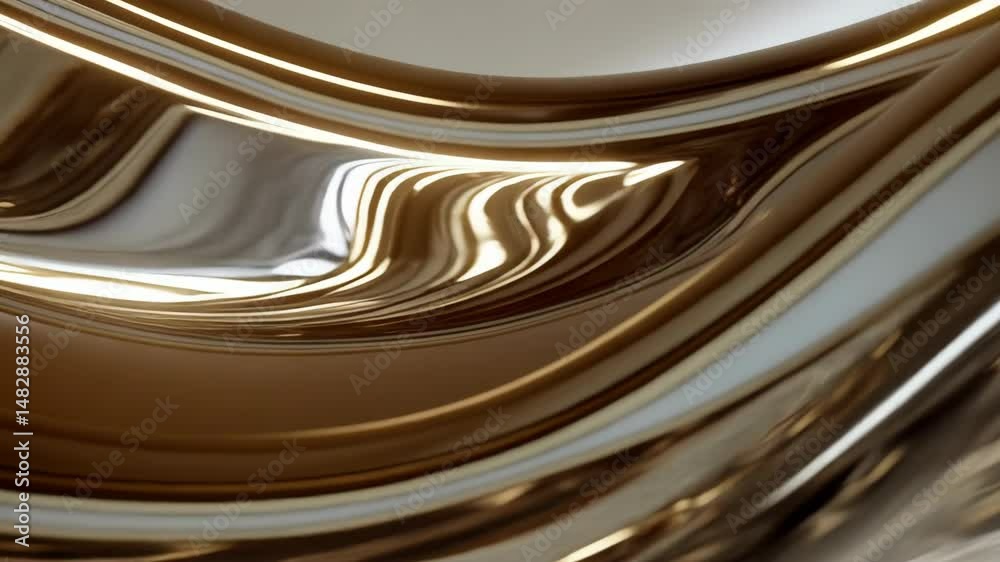 Abstract metallic fluid forms shimmering with highlights, creating a dynamic and glossy liquid motion effect under soft lighting.