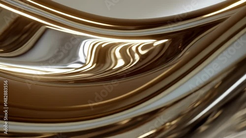 Abstract metallic fluid forms shimmering with highlights, creating a dynamic and glossy liquid motion effect under soft lighting.
