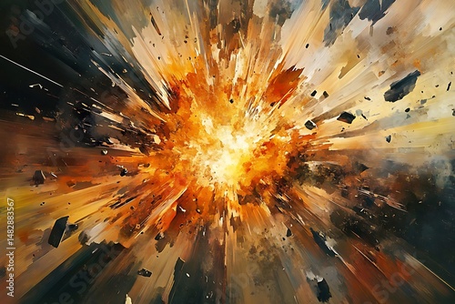  Fierce abstract explosion with fragmented geometry, bold shadows, and molten textures