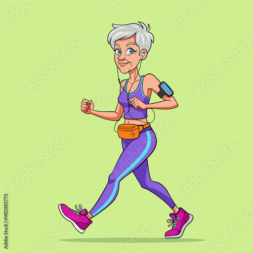 A senior woman with short gray hair is brisk walking.