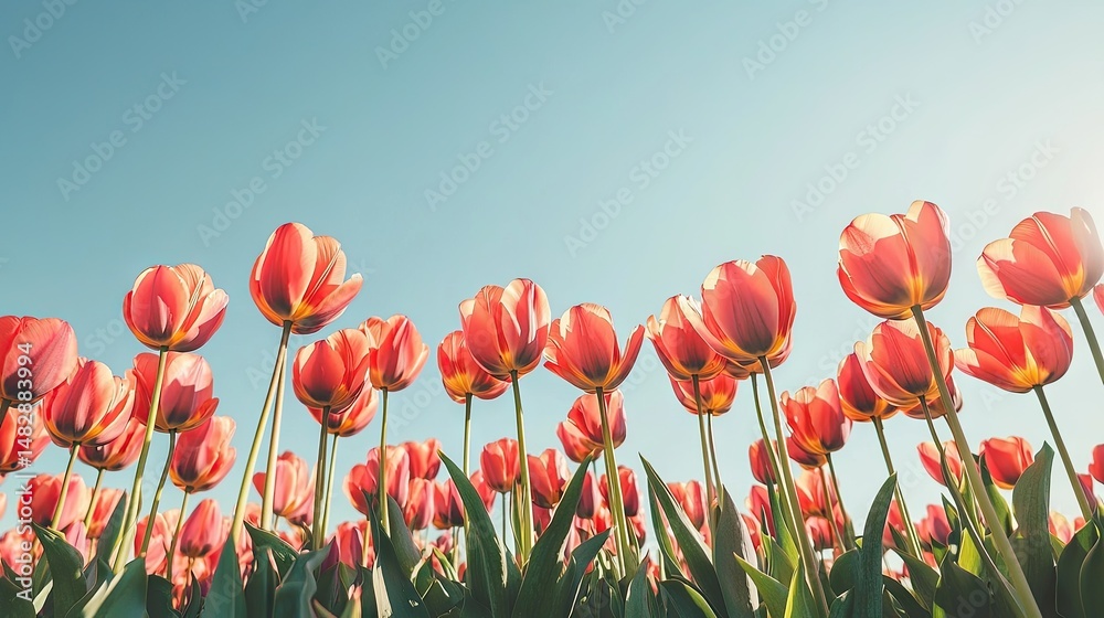 Fototapeta premium Blossoming tulips in a vibrant spring field seen from below.