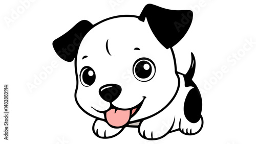 cute black and white dog shape with pink tongue out vector illustration, joyful illustration of a cute puppy