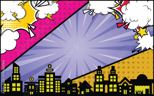 Colorful comic pop art background with clouds and urban silhouettes cartoon vector