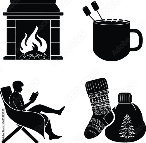 Cozy Winter Relaxation Silhouettes - Vector