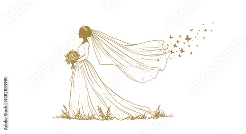 A nice wedding. Elegant bride with bouquet, flowing veil, surrounded by butterflies