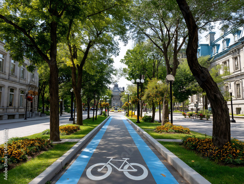 Bicycle path lined with trees and architecture