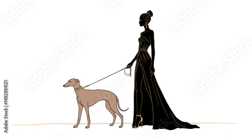 Elegant woman walking a dog in a stylish black gown