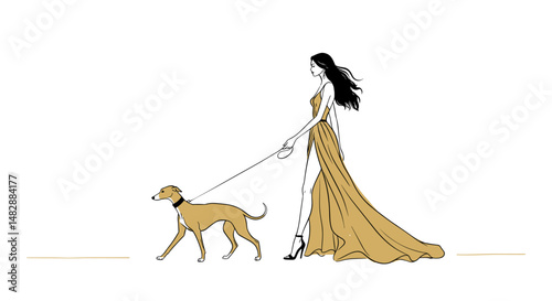 Elegant woman walking dog in stylish outdoor setting
