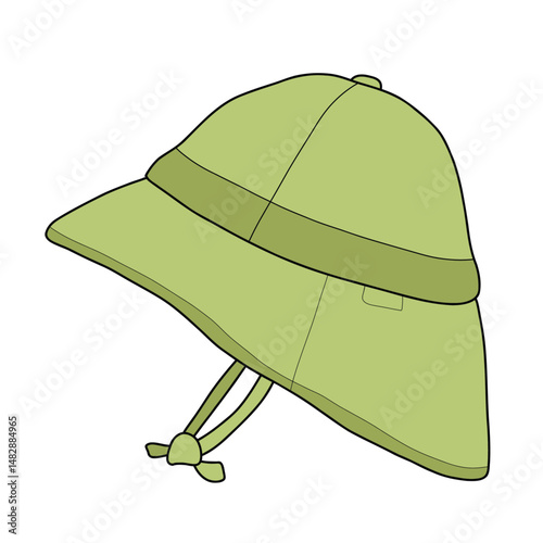 Vector illustration of a green summer hat with wide brim and chin strap, panama. Stylish sun protection accessory for outdoor activities, hiking, camping, and travel. Isolated on white.