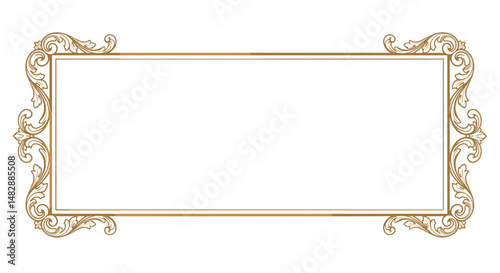 Vintage ornate gold frame with corner decorations on transparent background.

