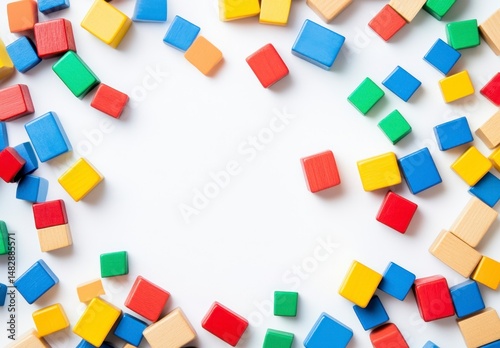 Colorful Building Blocks Arranged in a Playful Layout on White Background