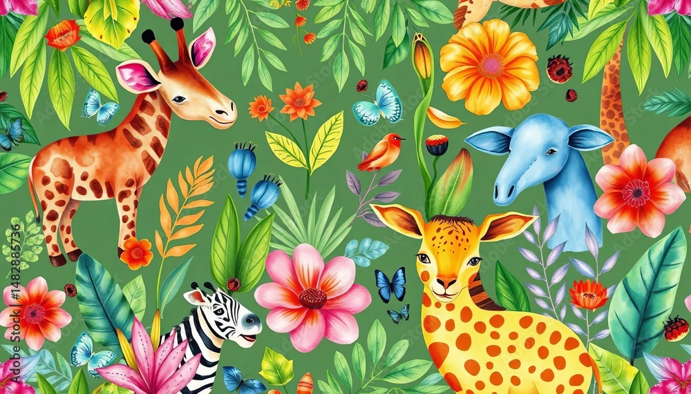 Obraz premium Vibrant watercolor safari animals & plants seamless pattern, home decor, animal print