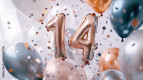 Wallpaper Mural Birthday celebration decorations with helium balloons, confetti, and number 14 for festive party, anniversary, or milestone event, colorful vibrant backdrop. Torontodigital.ca
