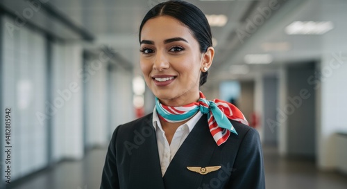 Portrait of an airline flight attendant ready to serve airplane passengers photo