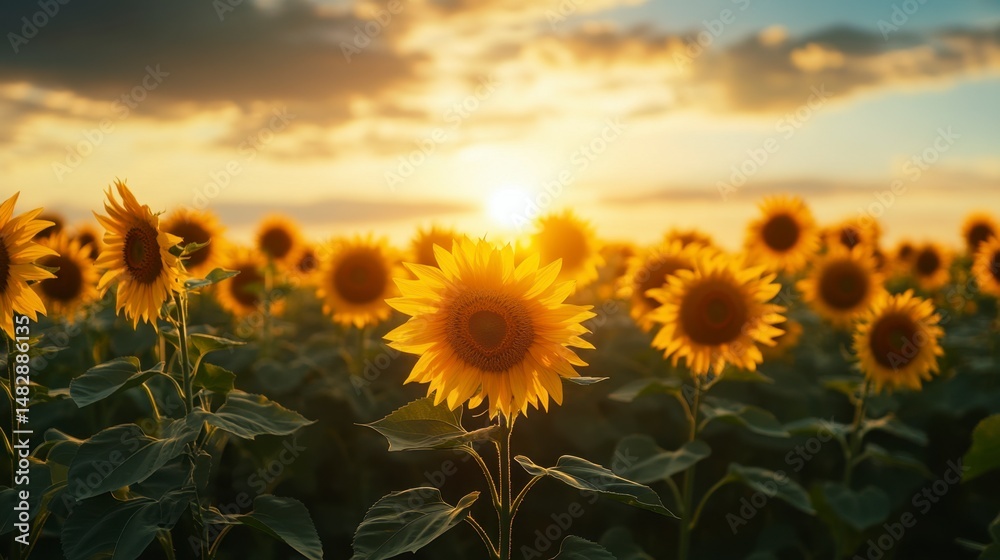 Fototapeta premium Vibrant Sunflower Field at Sunset with Golden Sky and Blooms