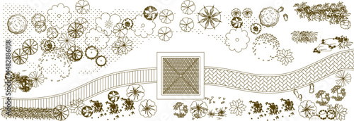 vector sketch illustration silhouette design of landscape site plan of garden with various ornamental plants and trees